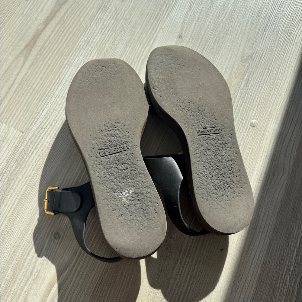 Chloe Black Leather Sandals with Gold Accents - Picture 4 of 5